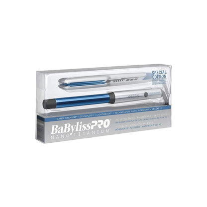 BABYLISS PRO Nano Titanium Special Edition SET. Ultra Thin 1.5" Straightener and 1" Curling Wand Silver/Blue Model