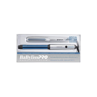 BABYLISS PRO Nano Titanium Special Edition SET. Ultra Thin 1.5" Straightener and 1" Curling Wand Silver/Blue Model