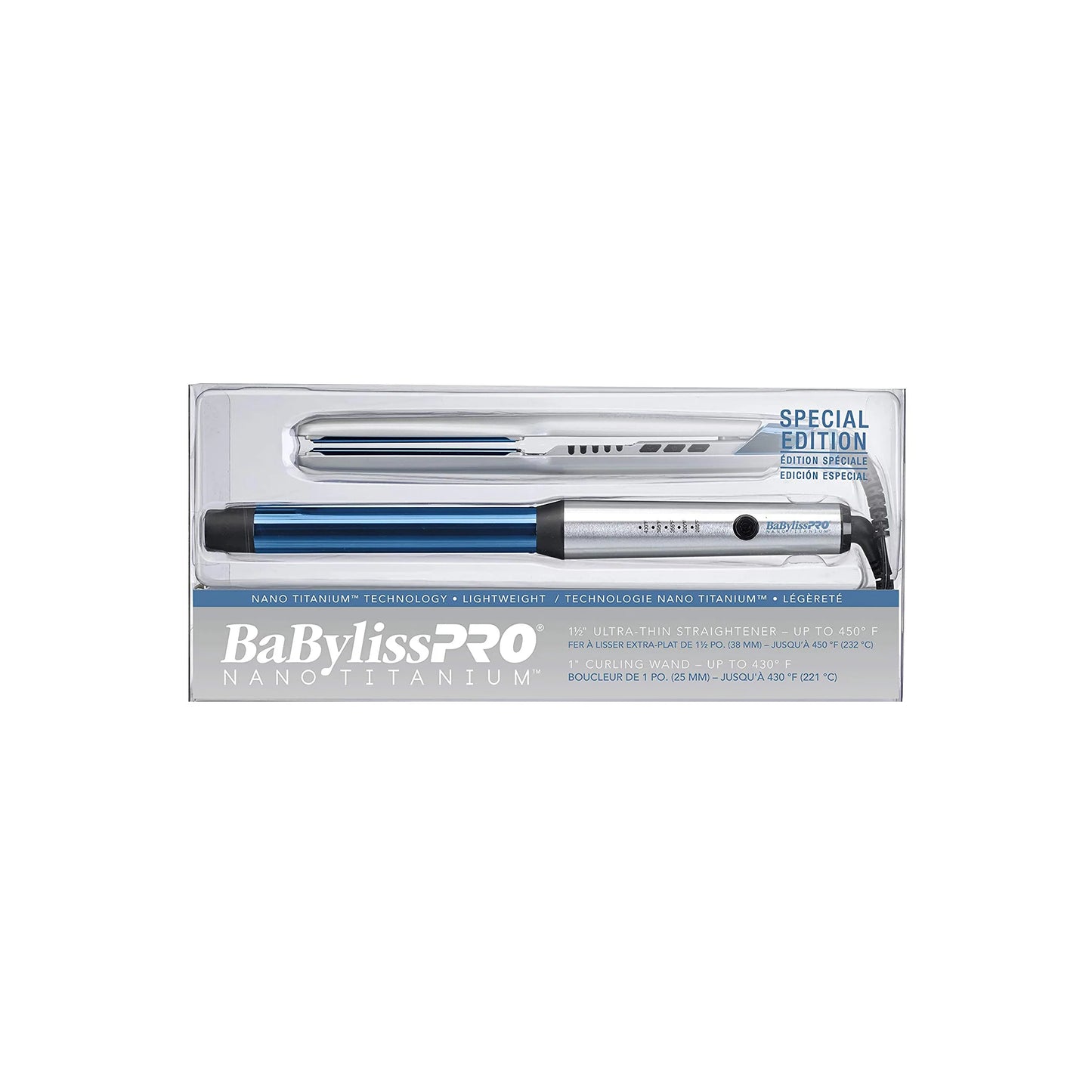 BABYLISS PRO Nano Titanium Special Edition SET. Ultra Thin 1.5" Straightener and 1" Curling Wand Silver/Blue Model