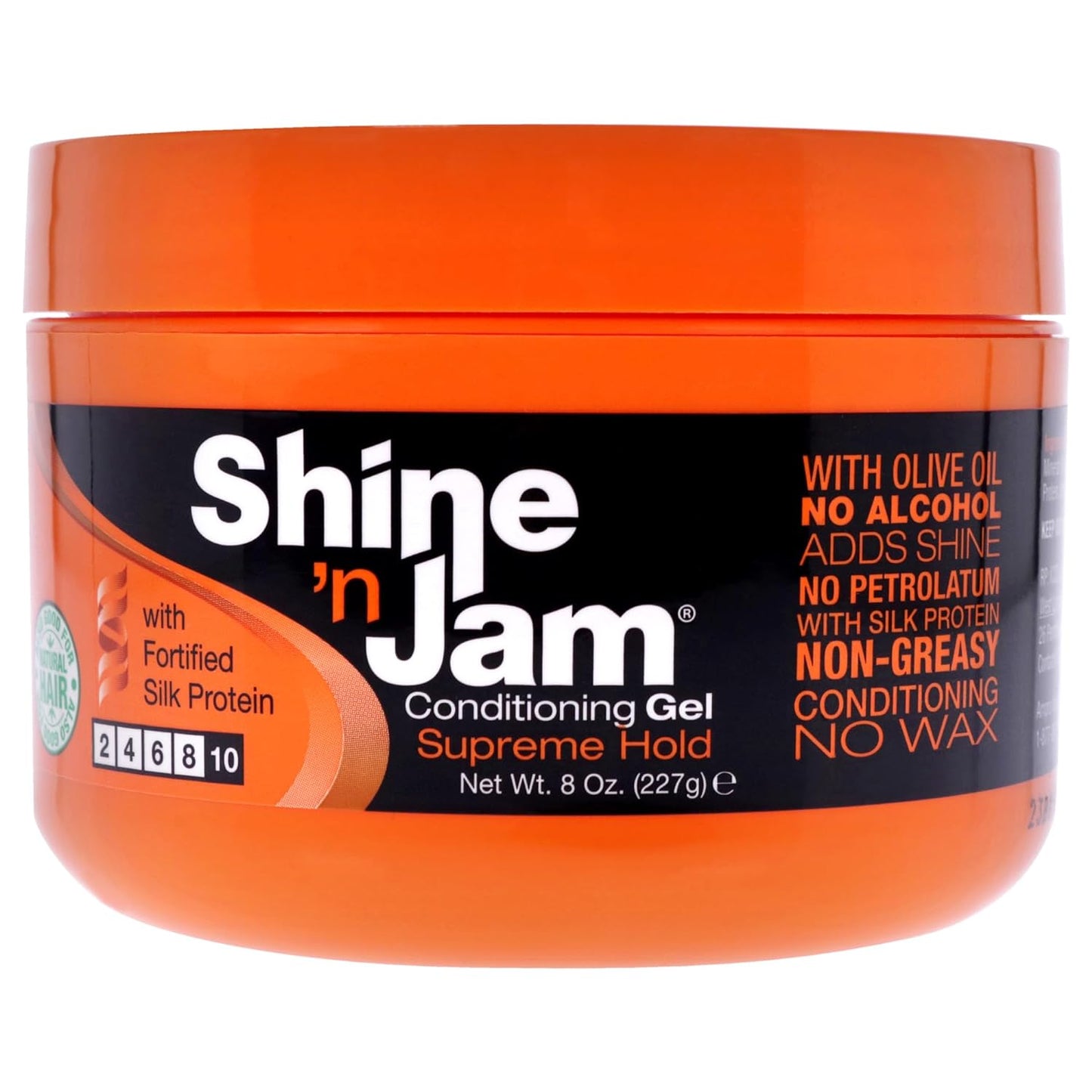 AMPRO Shine-n-Jam Supreme Hold - Conditions Hair with Olive Oil and Silk Protein - Great for Smoothing Fringe, Ponytails, and Up-dos - Firms Tresses with Non-Greasy Shine - 8 oz