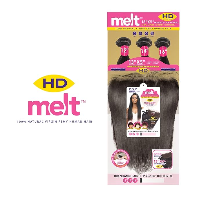 Janet Collection Natural Virgin Remy Human Hair Melt Brazilian Straight 3pcs with 13X5 HD Free Part Lace Frontal Closure-Natural : 16"18"20"