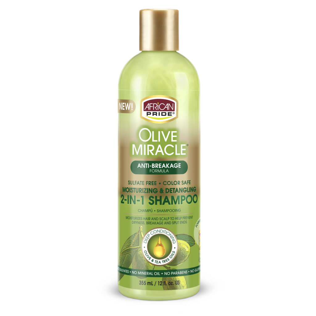 African Pride OLIVE MIRACLE 2-IN-1 SHAMPOO, 12OZ Moisturizing & Detangling