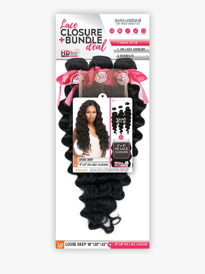 Sensationnel Bare & natural loose deep 3 Bundles + 4X4 frontal