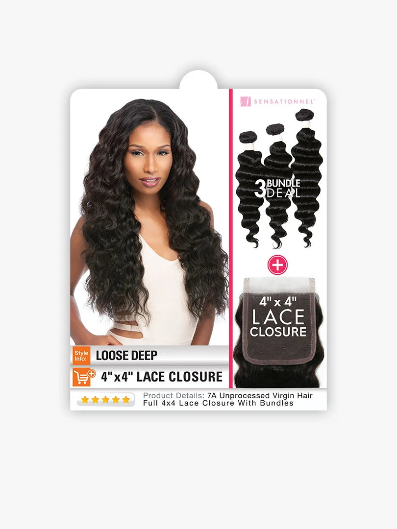 Sensationnel Bare & natural loose deep 3 Bundles + 4X4 frontal