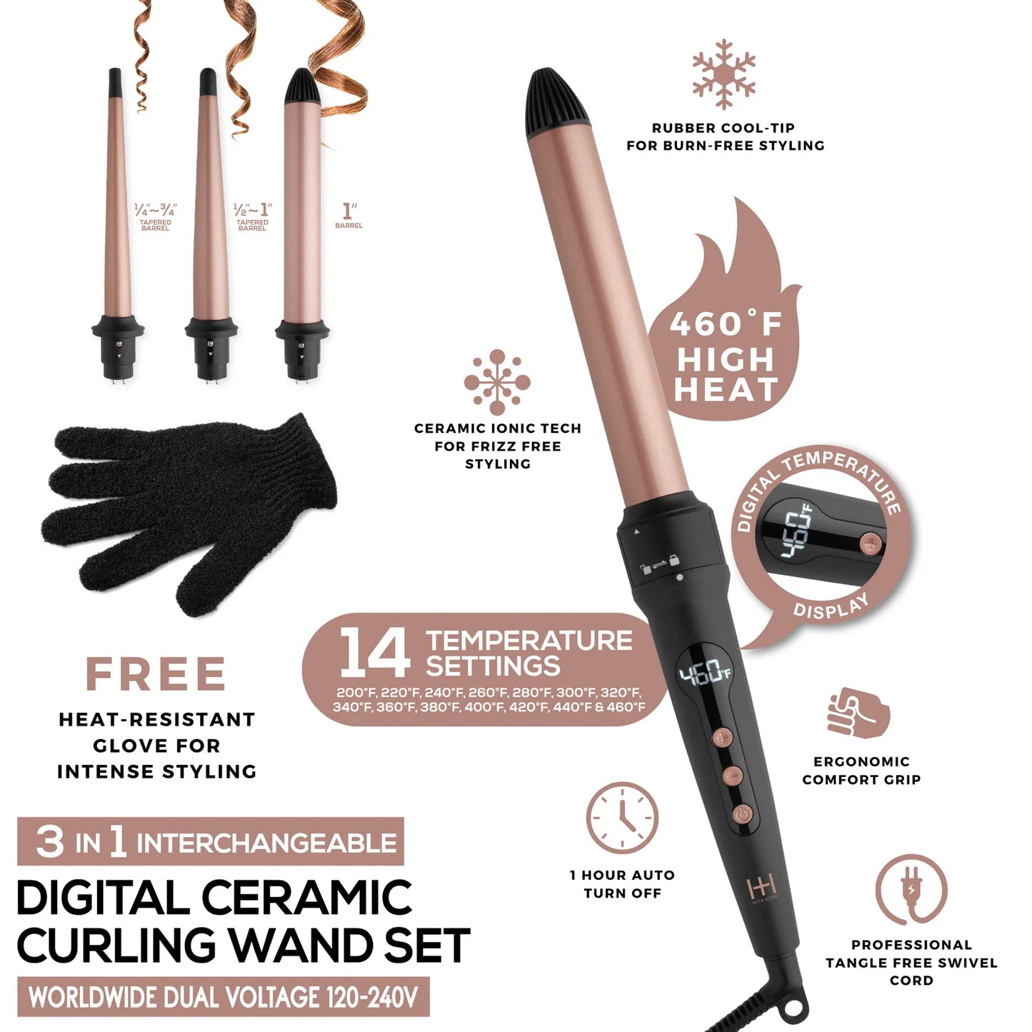 Annie H&H 3 IN 1 Digital interchangeable curling wand set. #5997