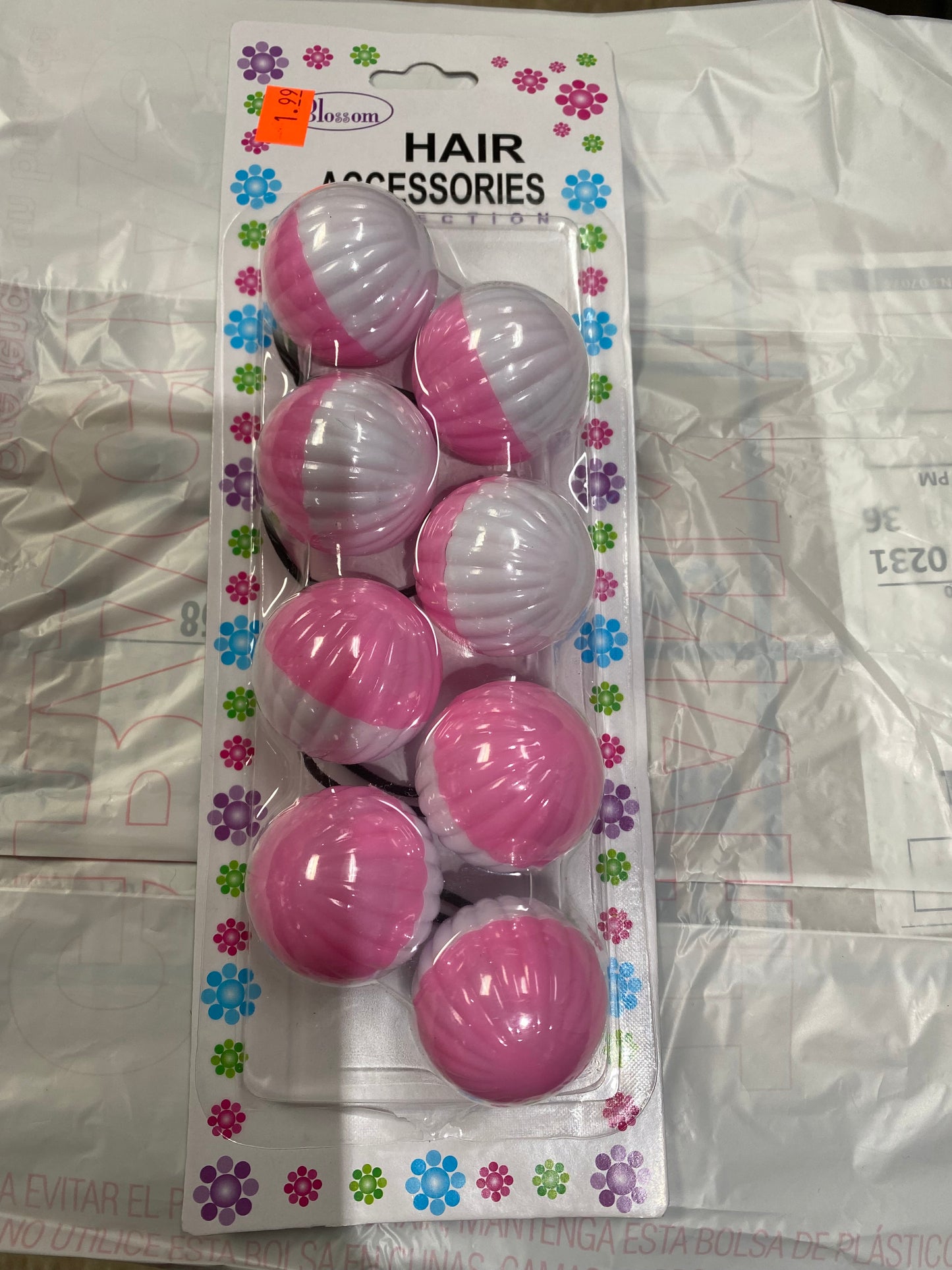 Blossom 4pcs round ball/ ponytail holder.  36mm. Mix pink and white