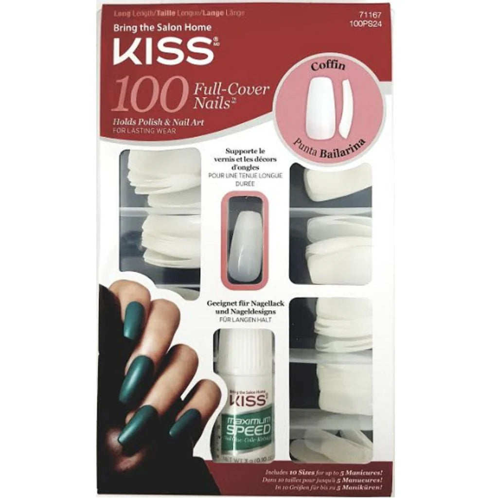 Kiss 100 full cover nails. X- long coffin. Clear. HN02